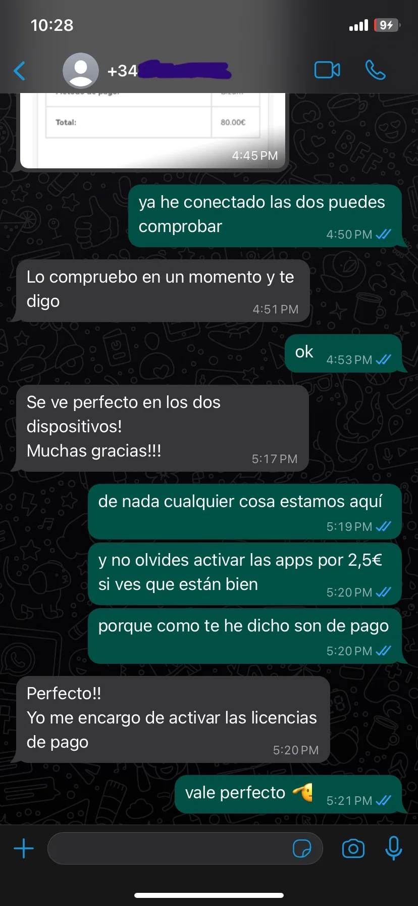 Conversación de WhatsApp - Cliente con dos dispositivos funcionando